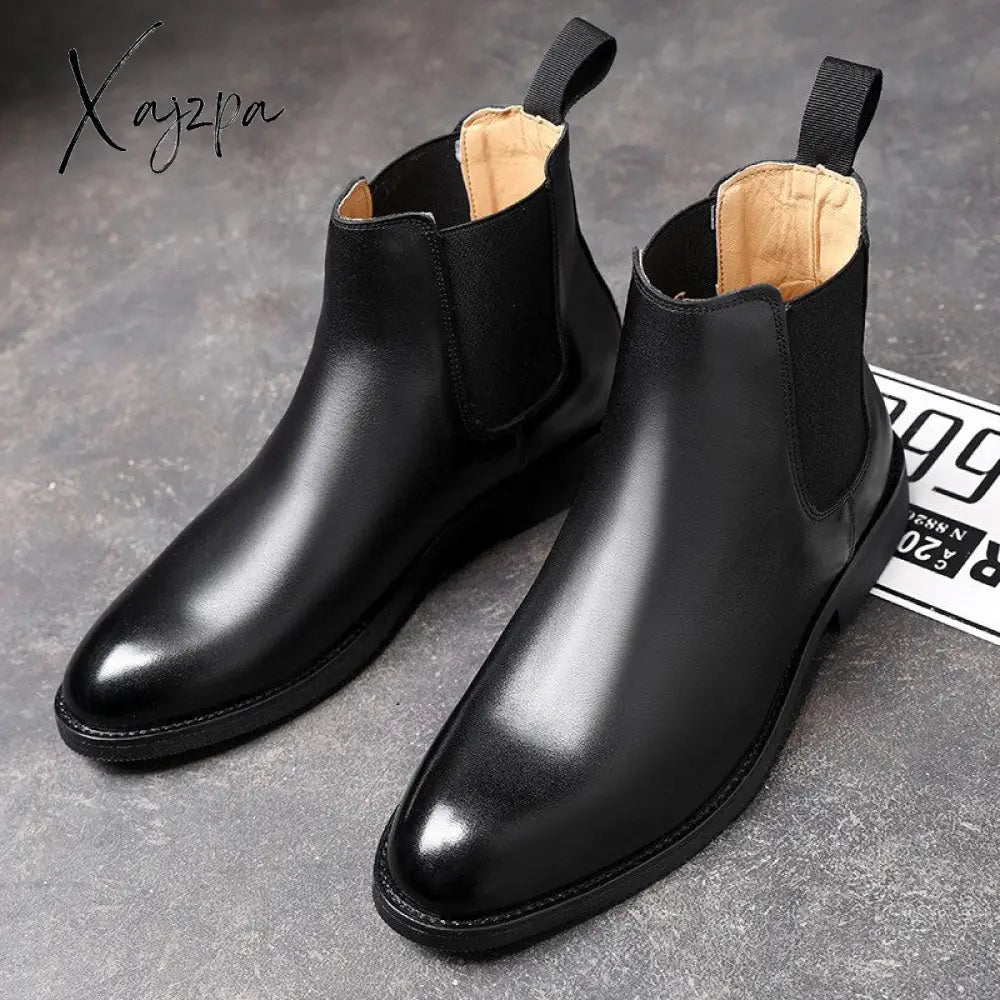 Xajzpa - Spring Winter Elegant Chelsea Boots Genuine Leather Men Shoes Slip-On Dress Formal Mens For