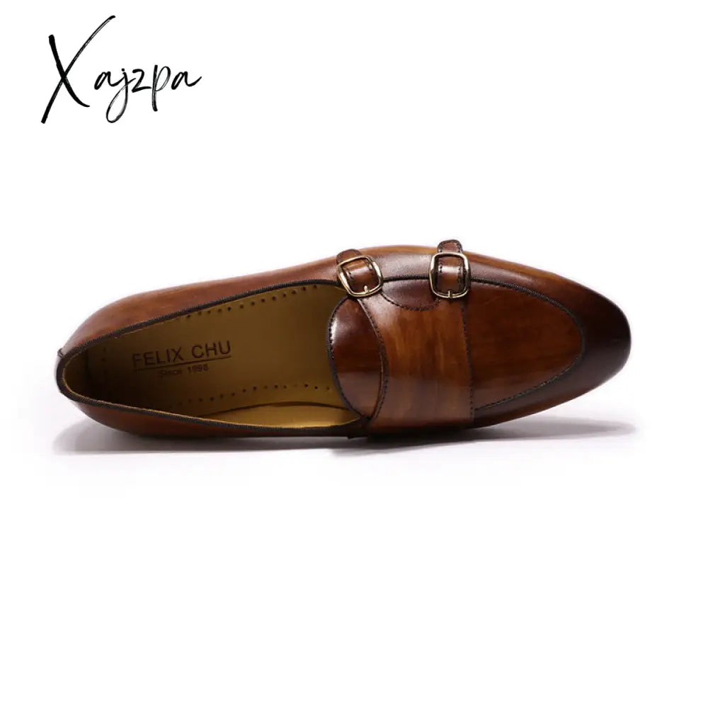 Xajzpa - Summer Autumn Men’s Loafers Genuine Leather Hand Painted Monk Strap Dress Shoes Wedding