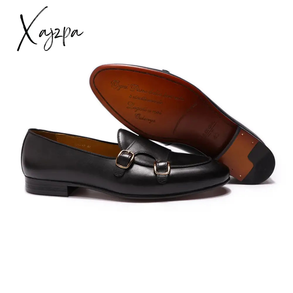 Xajzpa - Summer Autumn Men’s Loafers Genuine Leather Hand Painted Monk Strap Dress Shoes Wedding