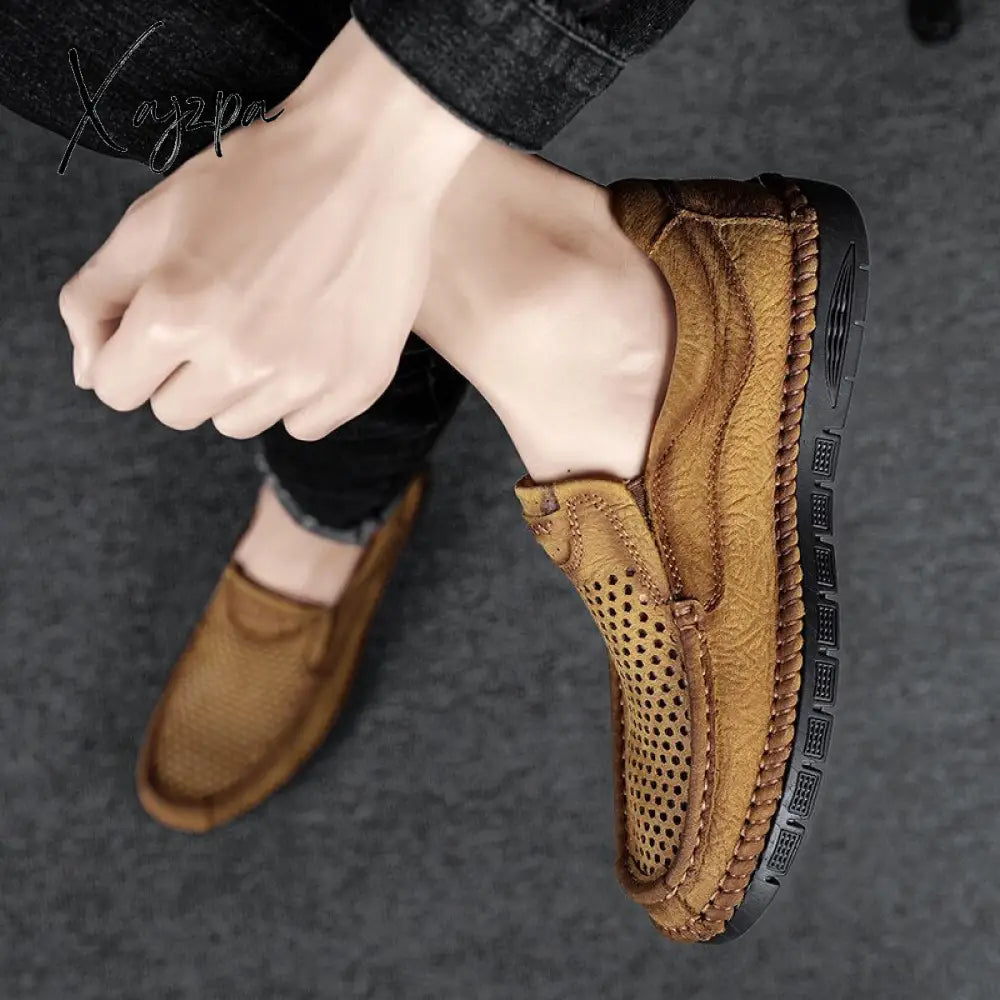 Xajzpa - Summer Loafers Genuine Leather Men’s Casual Shoes Hollow Designer Flats Leisure Business