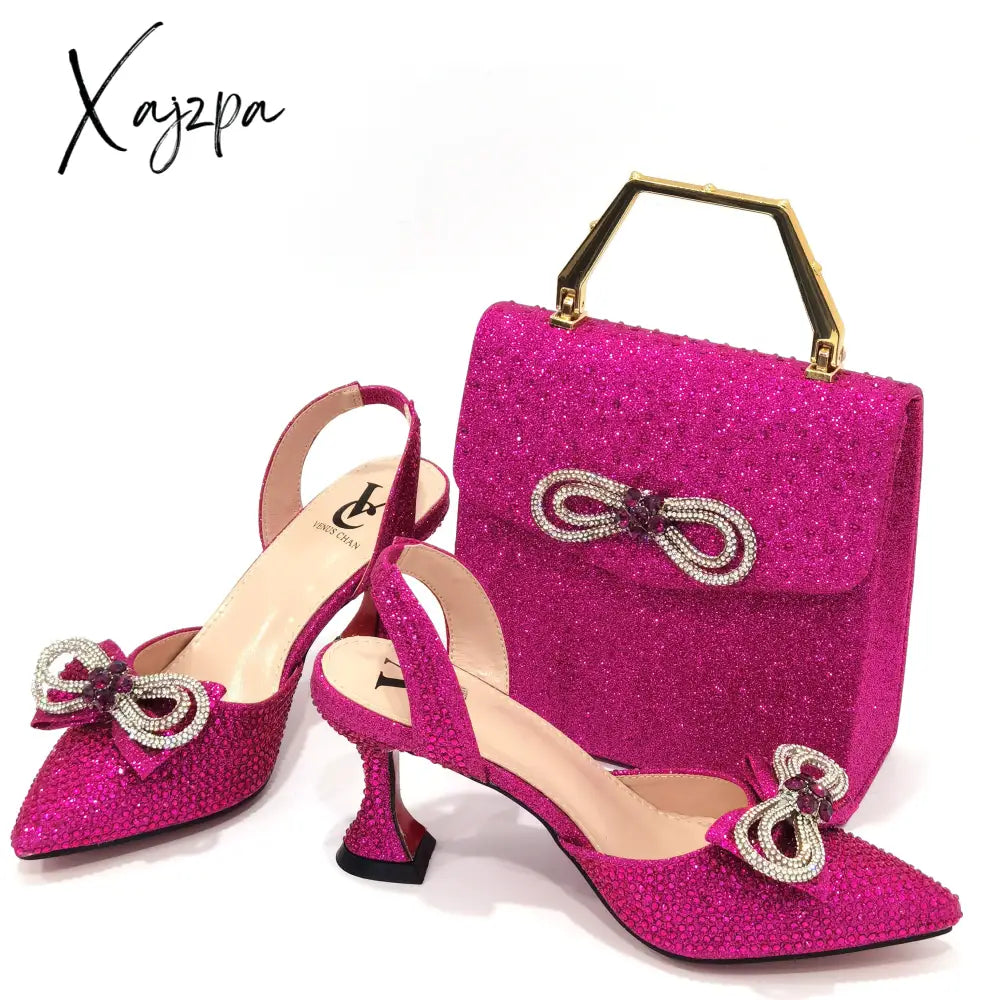 Xajzpa - The Latest Ins Style Rhinestone Bow Side Empty Party High Heels Pointed Toe Stiletto