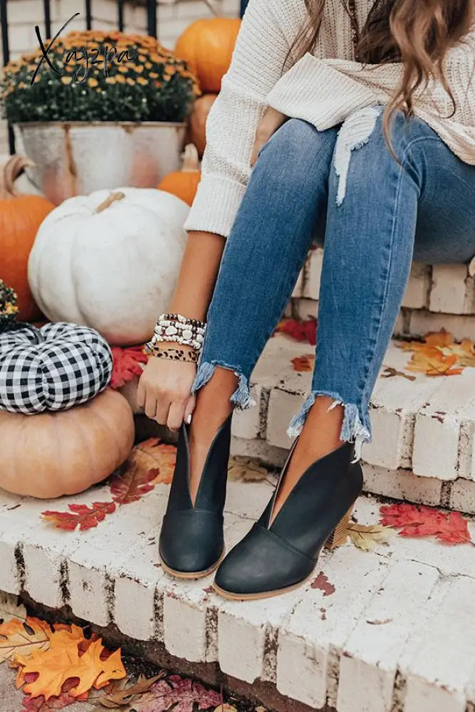 Xajzpa - V Cut Out Slip On Ankle Boots 5 / Black