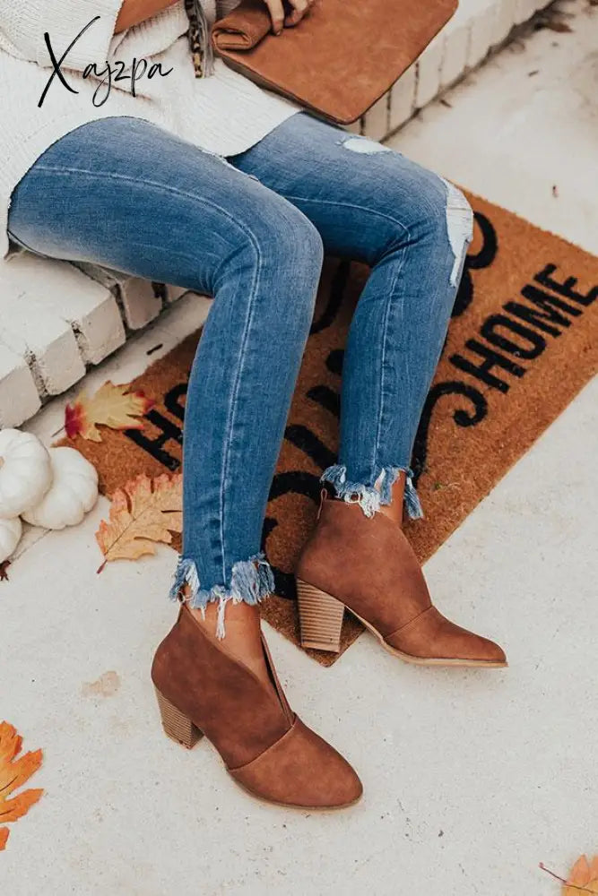 Xajzpa - V Cut Out Slip On Ankle Boots 5 / Brown