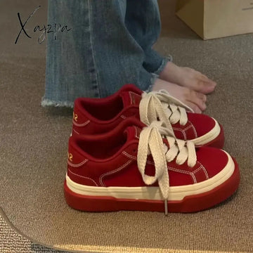 Xajzpa - Vintage Red Canvas Low-Top Women Sneakers Casual Letter Embroidery Skateboard Shoes