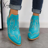 Xajzpa - Western Ankle Cowgirl Boots Slip On Cutout Chunky Heel Booties