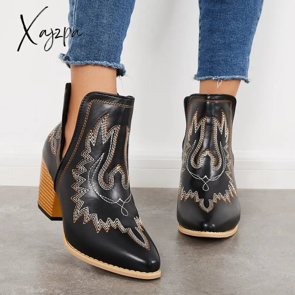 Xajzpa - Western Ankle Cowgirl Boots Slip On Cutout Chunky Heel Booties