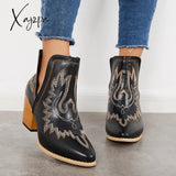 Xajzpa - Western Ankle Cowgirl Boots Slip On Cutout Chunky Heel Booties