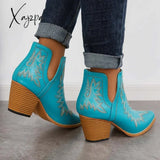 Xajzpa - Western Ankle Cowgirl Boots Slip On Cutout Chunky Heel Booties