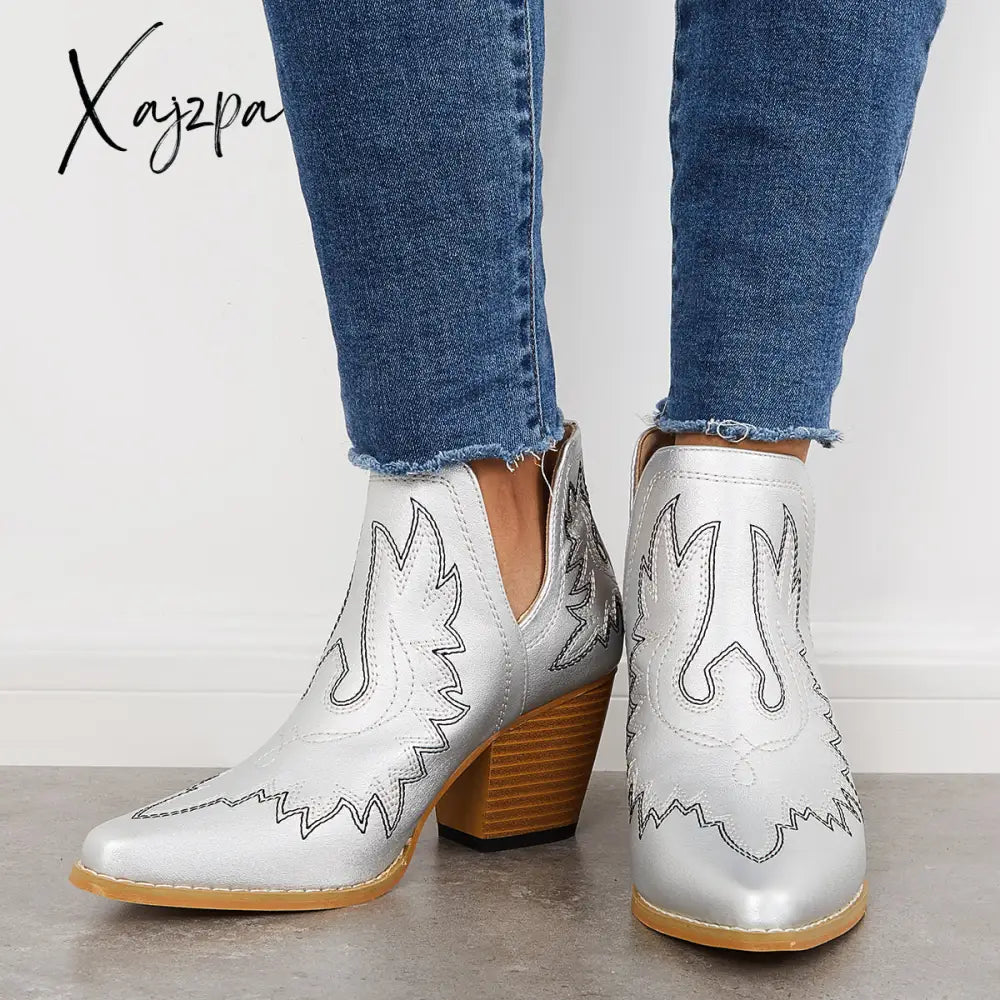 Xajzpa - Western Ankle Cowgirl Boots Slip On Cutout Chunky Heel Booties