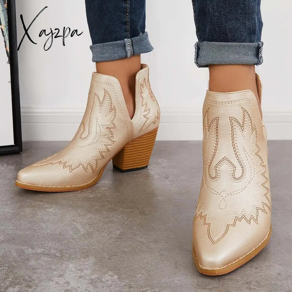 Xajzpa - Western Ankle Cowgirl Boots Slip On Cutout Chunky Heel Booties