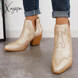 Xajzpa - Western Ankle Cowgirl Boots Slip On Cutout Chunky Heel Booties