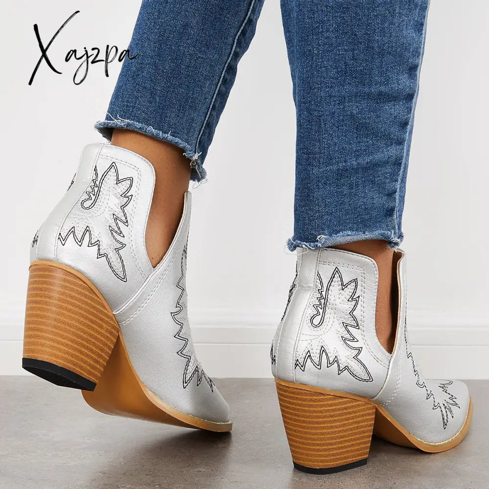 Xajzpa - Western Ankle Cowgirl Boots Slip On Cutout Chunky Heel Booties