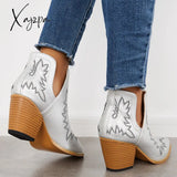Xajzpa - Western Ankle Cowgirl Boots Slip On Cutout Chunky Heel Booties