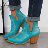 Xajzpa - Western Ankle Cowgirl Boots Slip On Cutout Chunky Heel Booties