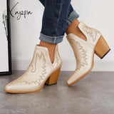 Xajzpa - Western Ankle Cowgirl Boots Slip On Cutout Chunky Heel Booties