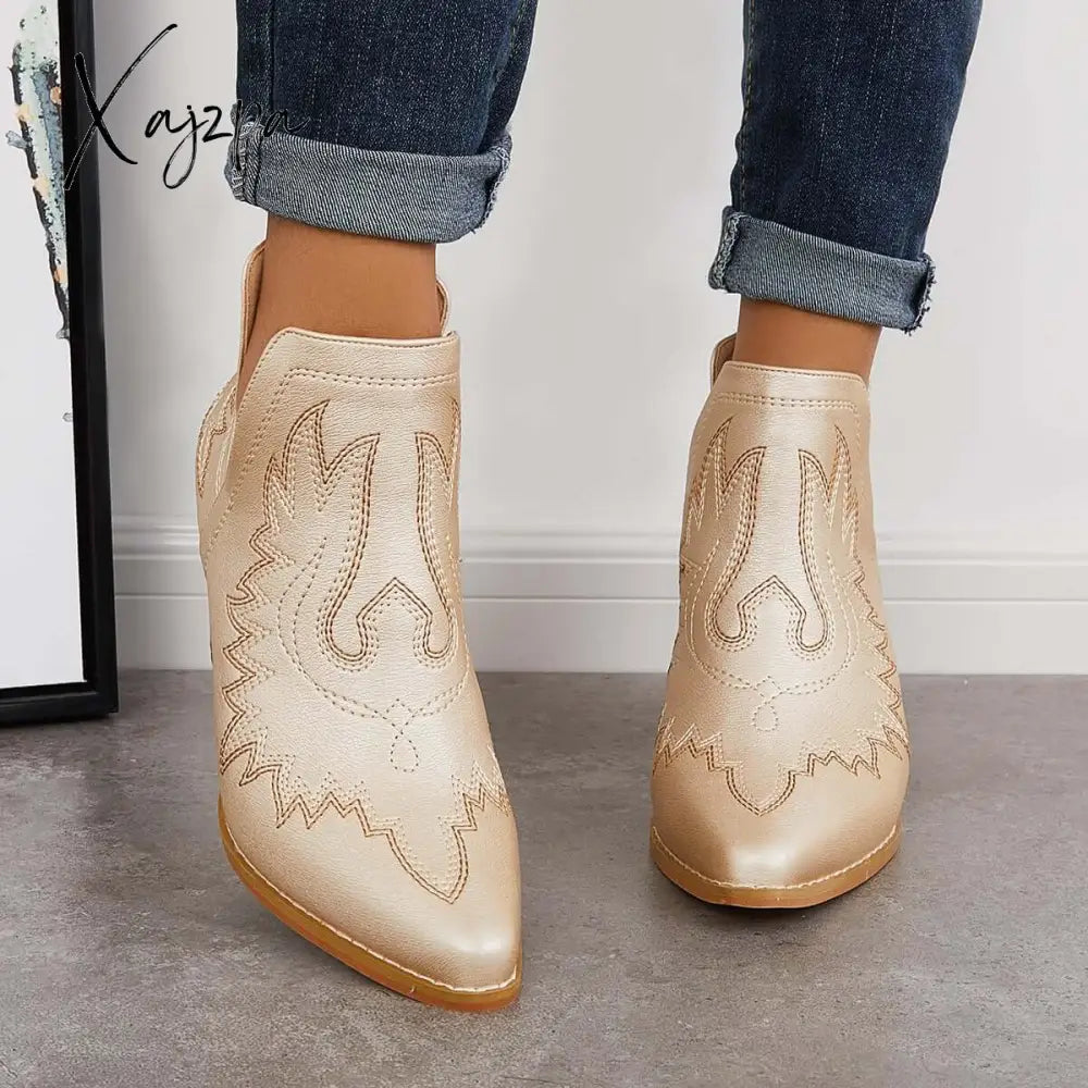 Xajzpa - Western Ankle Cowgirl Boots Slip On Cutout Chunky Heel Booties