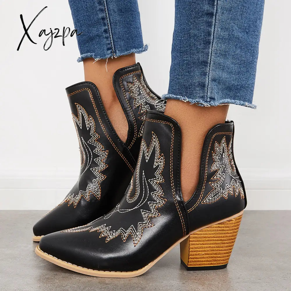 Xajzpa - Western Ankle Cowgirl Boots Slip On Cutout Chunky Heel Booties Black / 5
