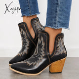 Xajzpa - Western Ankle Cowgirl Boots Slip On Cutout Chunky Heel Booties Black / 5