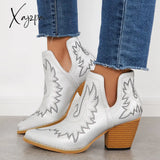 Xajzpa - Western Ankle Cowgirl Boots Slip On Cutout Chunky Heel Booties Silver / 5