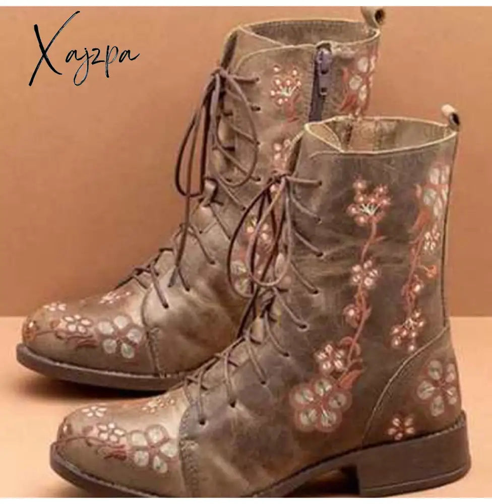 Xajzpa - Woman Ankle Boots Embroidery Big Size 43 Flower Women Autumn Winter Lace Up Pu Leather