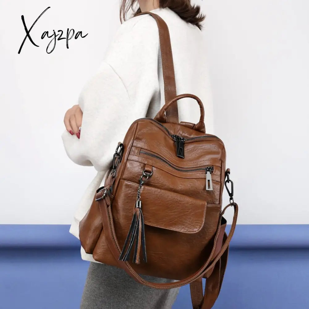 Xajzpa - Women Backpack Pu Leather Fashion Casual Tassel Bags High Quality Female Shoulder Bag