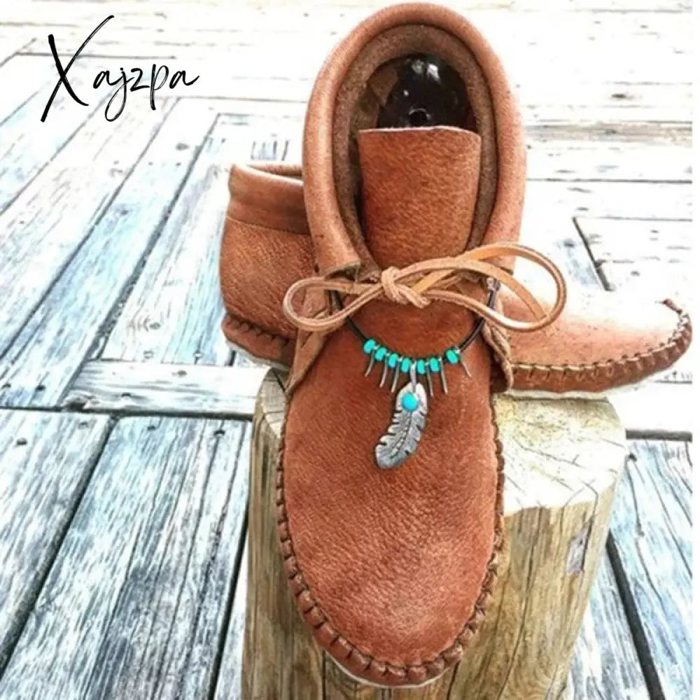 Xajzpa - Women Boots Sewing Flat Lace-Up Ankle Autumn Fashion Retro Pendant Short Woman Shoes