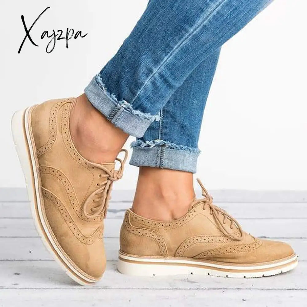 Xajzpa - Women Classic Khaki Loafers Lace Up Perforated Oxfords Shoes Camel / 5