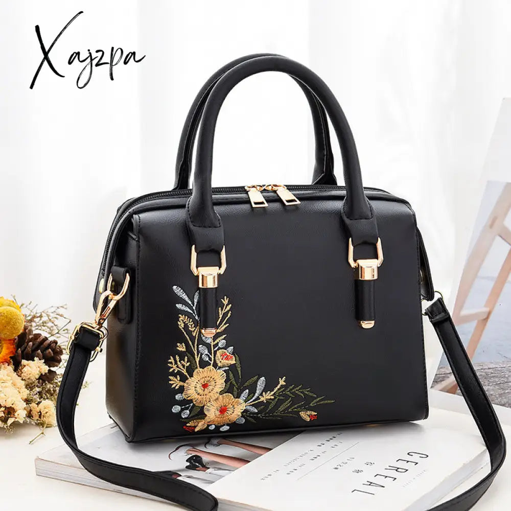 Xajzpa - Women Floral Embroidery Satchel Purse Elegant Crossbody And Top Handle Bags Black / M