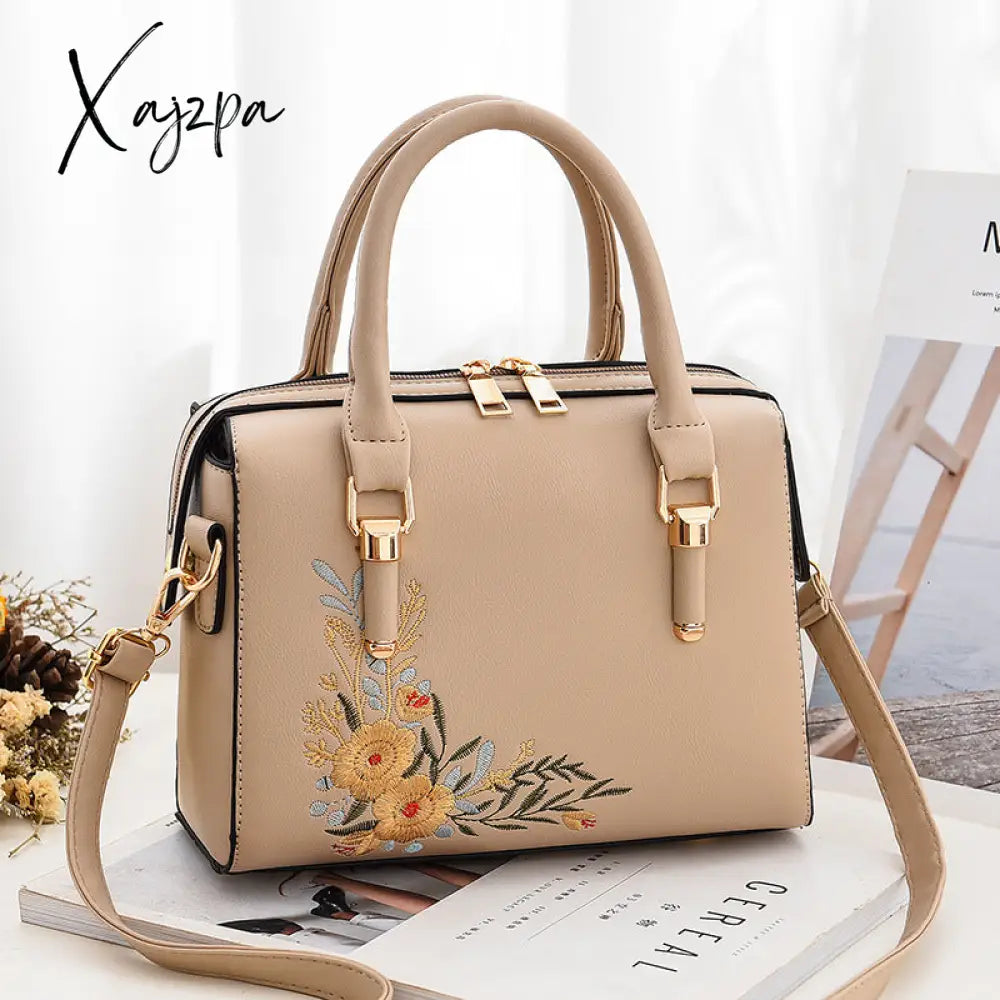 Xajzpa - Women Floral Embroidery Satchel Purse Elegant Crossbody And Top Handle Bags Khaki / M