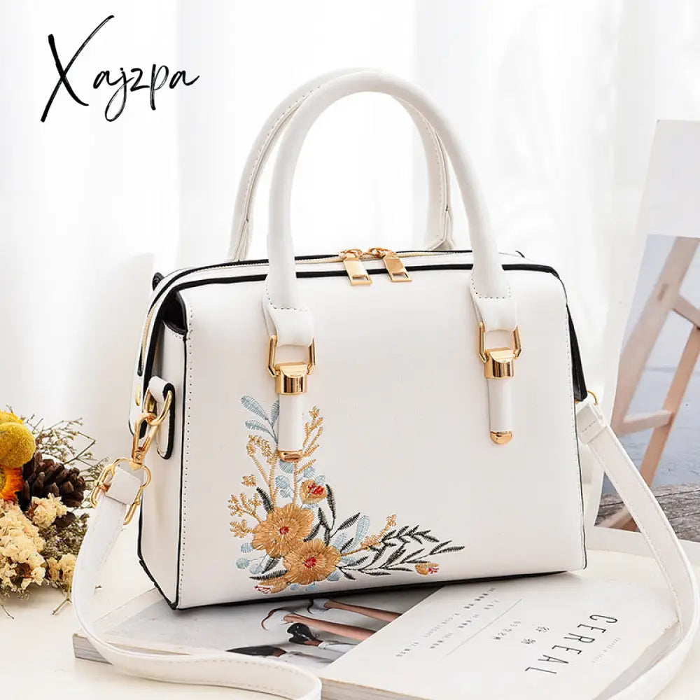 Xajzpa - Women Floral Embroidery Satchel Purse Elegant Crossbody And Top Handle Bags White / M