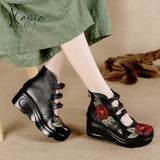Xajzpa - Women Flower sandals Shoes Slope Casual Leather Shoes Fashion Embroidered Ladies Vintage Waterproof Platform Shoes