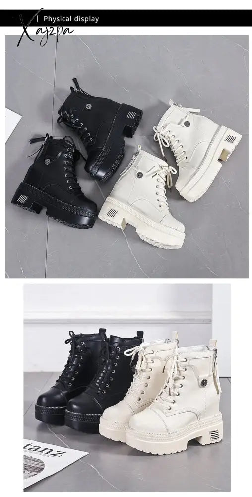 Xajzpa - Women High Heels 10Cm Thick Heel Ankle Boots Lace Up Black Chunky Autumn Winter Leather