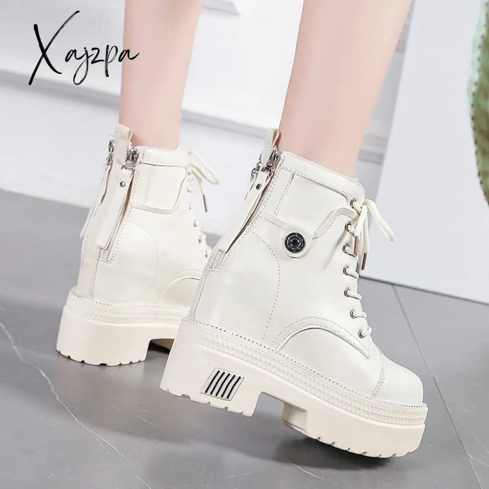 Xajzpa - Women High Heels 10Cm Thick Heel Ankle Boots Lace Up Black Chunky Autumn Winter Leather