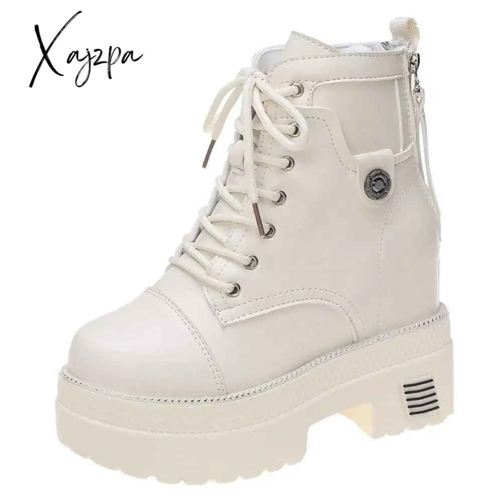 Xajzpa - Women High Heels 10Cm Thick Heel Ankle Boots Lace Up Black Chunky Autumn Winter Leather
