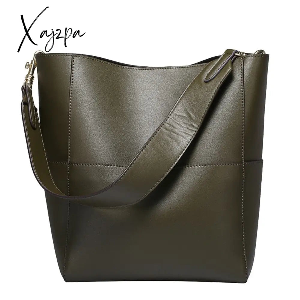 Xajzpa - Women Real Genuine Leather Tote Bag Black Bucket Handbags Female Luxury Famous Brands