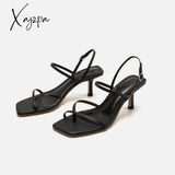 Xajzpa - Women\'s Sandals Narrow Band Belt Buckle Black White Solid Color Ladies Square Heel Sandals Office Lady Square Toe Female Shoes