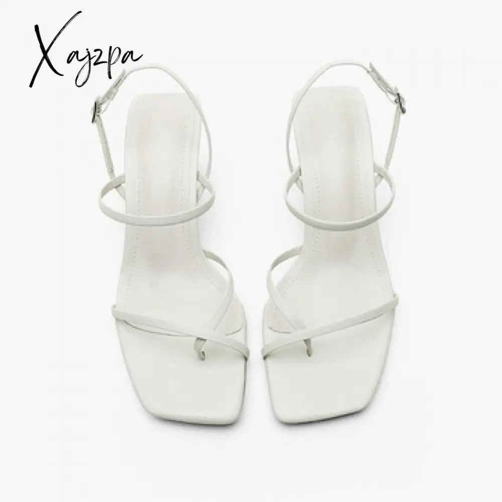 Xajzpa - Women\’S Sandals Narrow Band Belt Buckle Black White Solid Color Ladies Square Heel