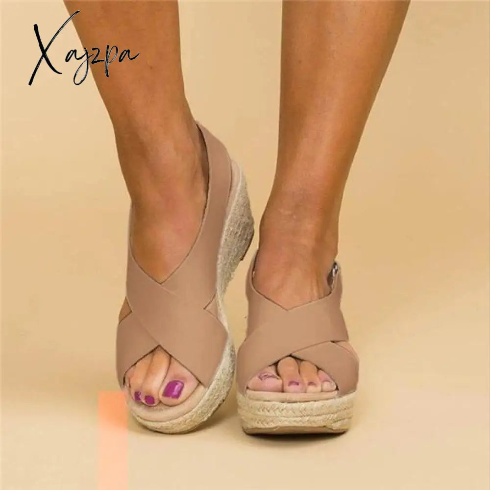 Xajzpa - Women Summer Sandals Peep Toe Magic Tape Wedges Crossed Khaki / 5