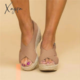 Xajzpa - Women Summer Sandals Peep Toe Magic Tape Wedges Crossed Khaki / 5