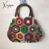Xajzpa - Women woolen Woven Tote Beach Handbag Floral Handmade Weaving Shoulder Bags Hand Crochet Bag Flower Stitching Shopper Bag