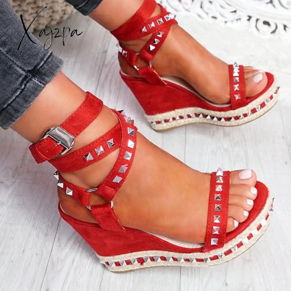 Xajzpa - Women’s Daily Sandals Numy Wedge Rock Studs Platform Shoes Red / 5