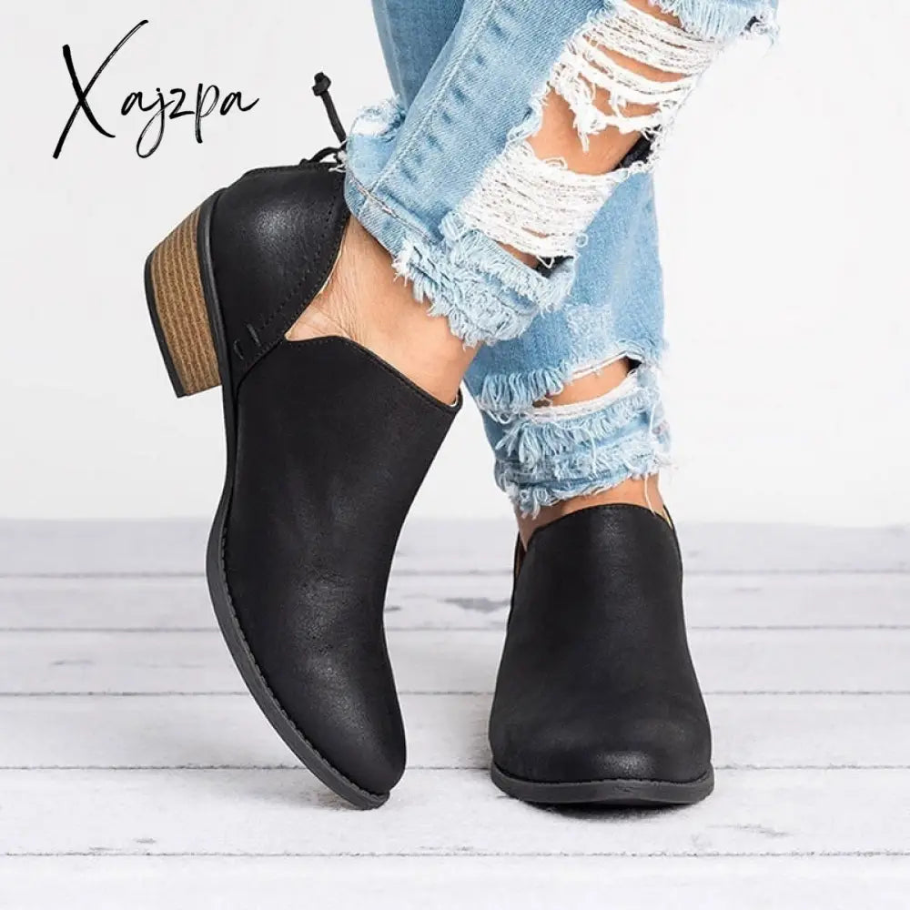 Xajzpa - Womenās Fashion Spring Autumn Ankle Women Boots Square Heel Slip On Female High Heels