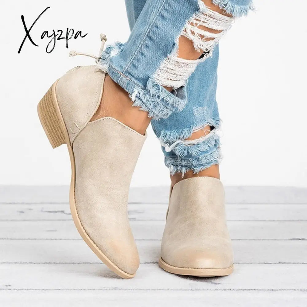 Xajzpa - Womenās Fashion Spring Autumn Ankle Women Boots Square Heel Slip On Female High Heels