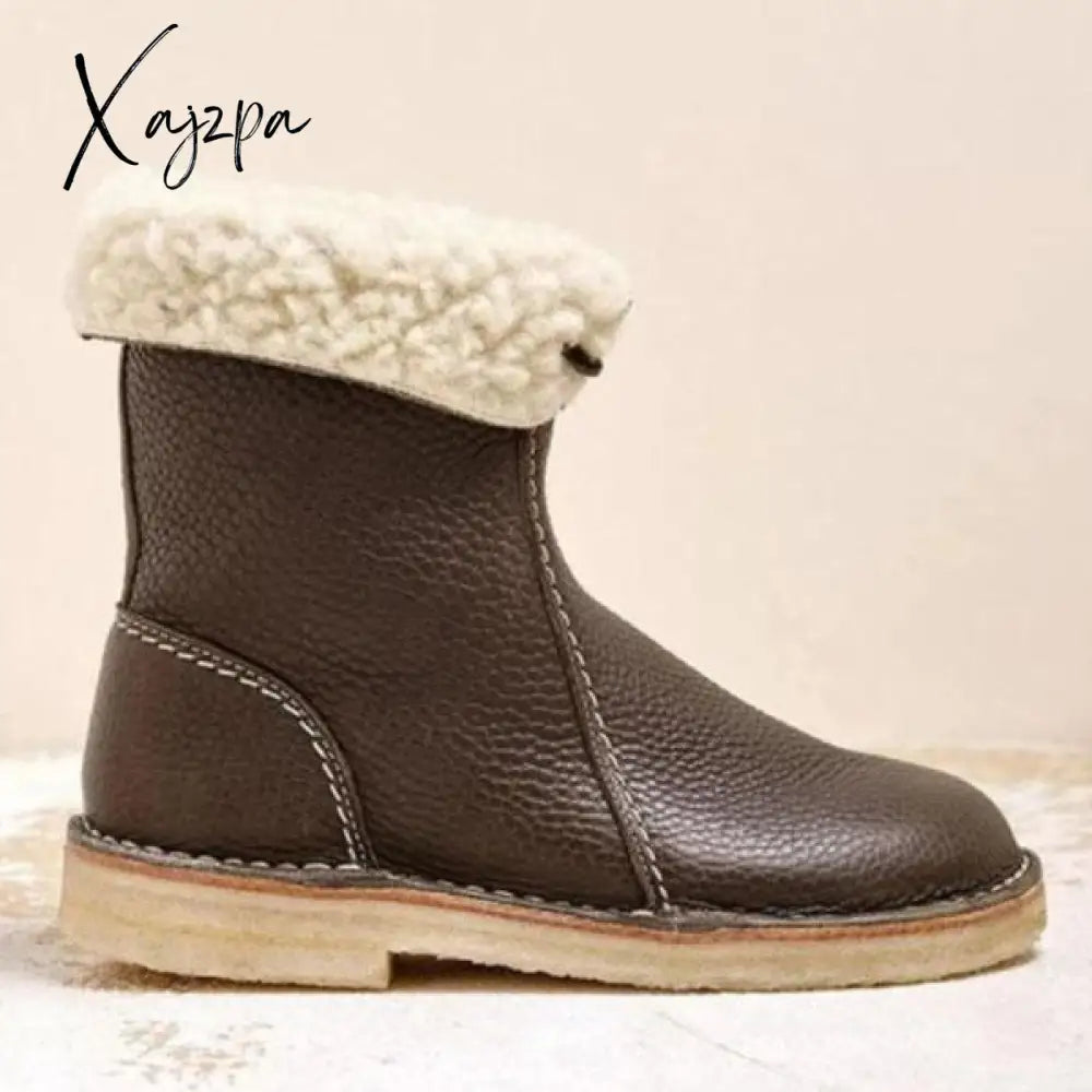 Xajzpa - Womens Red Waterproof Boots Warm Slip On Lace Up Fur Over Ankle Booties Short Snow