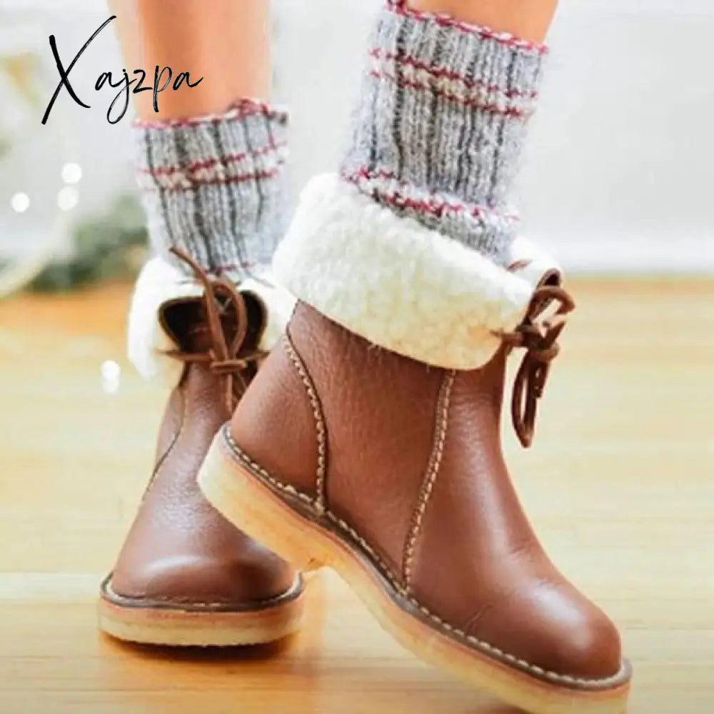 Xajzpa - Womens Red Waterproof Boots Warm Slip On Lace Up Fur Over Ankle Booties Short Snow