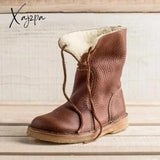 Xajzpa - Womens Red Waterproof Boots Warm Slip On Lace Up Fur Over Ankle Booties Short Snow