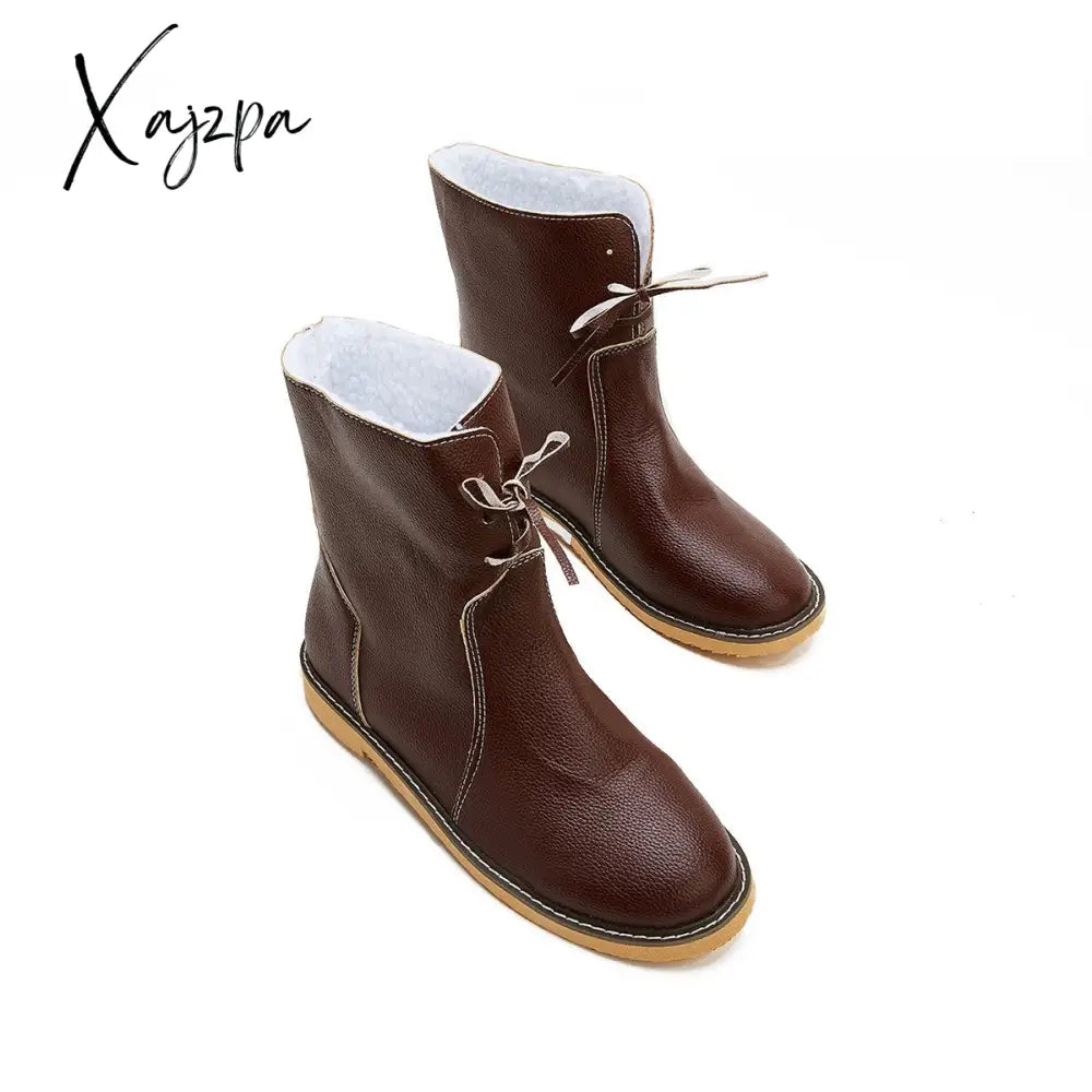 Xajzpa - Womens Red Waterproof Boots Warm Slip On Lace Up Fur Over Ankle Booties Short Snow