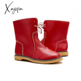 Xajzpa - Womens Red Waterproof Boots Warm Slip On Lace Up Fur Over Ankle Booties Short Snow