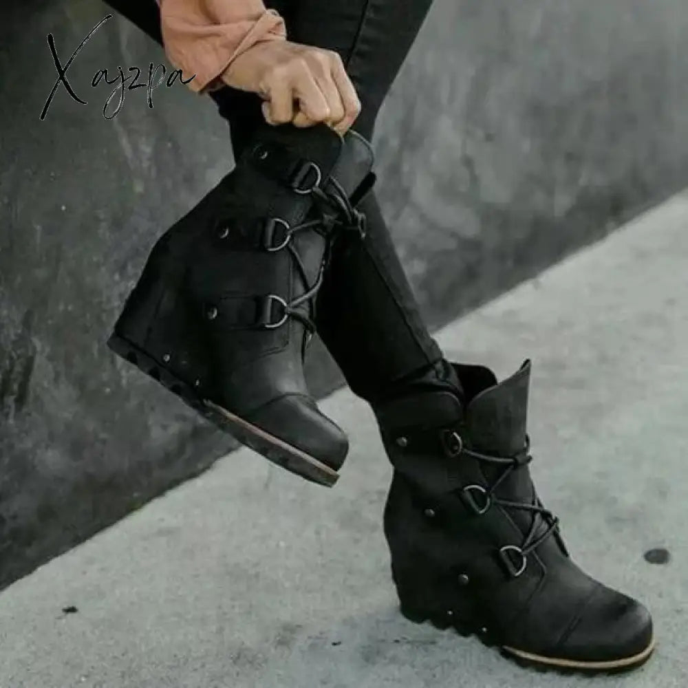 Xajzpa - Women’s Wedge Boots Mid Waterproof Vegan Leather Black / 5