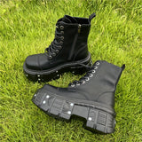 Xajzpa Punk Style Vintage Black Platform Boots - Metal Detail, Lace-up, Short Ankle for Women and Men